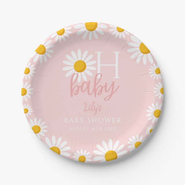 Oh Baby Pink Modern Daisy Baby Shower Paper Plates (Front)
