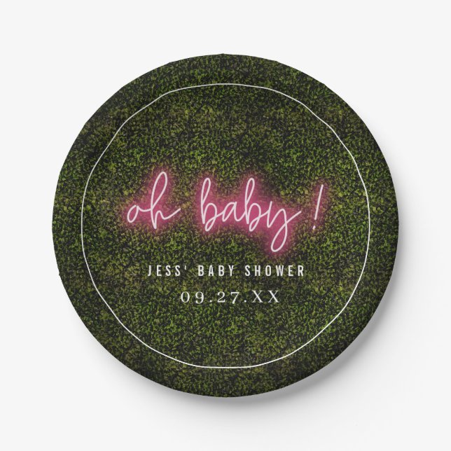 Oh Baby Pink Neon Boxwood Baby Shower Paper Plates (Front)