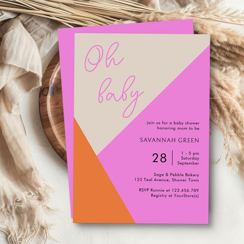 Oh Baby Pink Orange Tricolor Simple Baby Shower Invitation