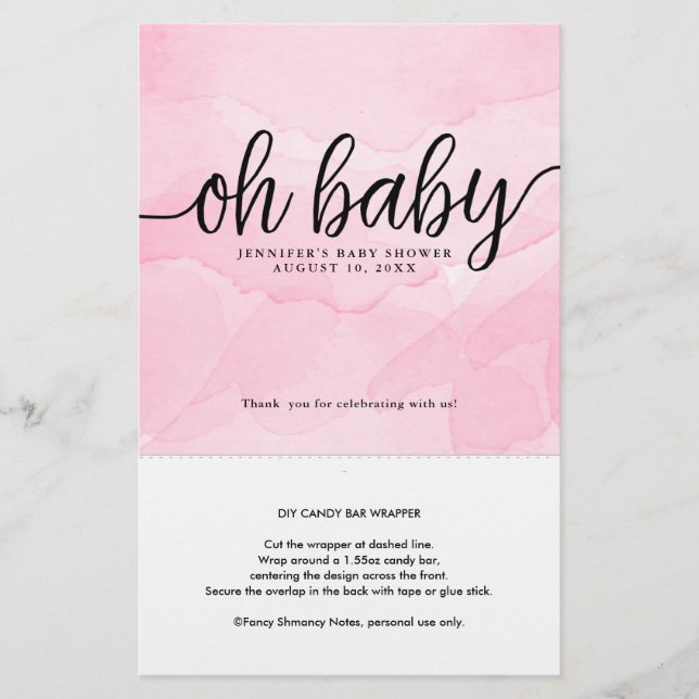 Oh Baby, Pink Personalized Candy Bar Wrapper (Front)