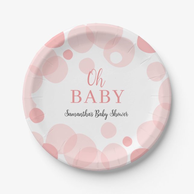 Oh Baby pink Polka Dots Girl Baby Shower Paper Plates (Front)
