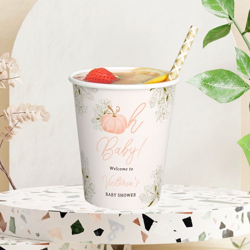 Oh Baby pink pumpkin floral chic baby shower Paper Cups