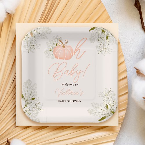 Oh Baby pink pumpkin floral chic baby shower Paper Plates