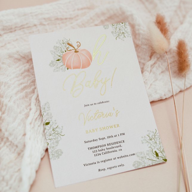 Oh Baby pink pumpkin floral girl baby shower Foil Invitation (Oh Baby pink pumpkin floral girl baby shower Foil Invitation)