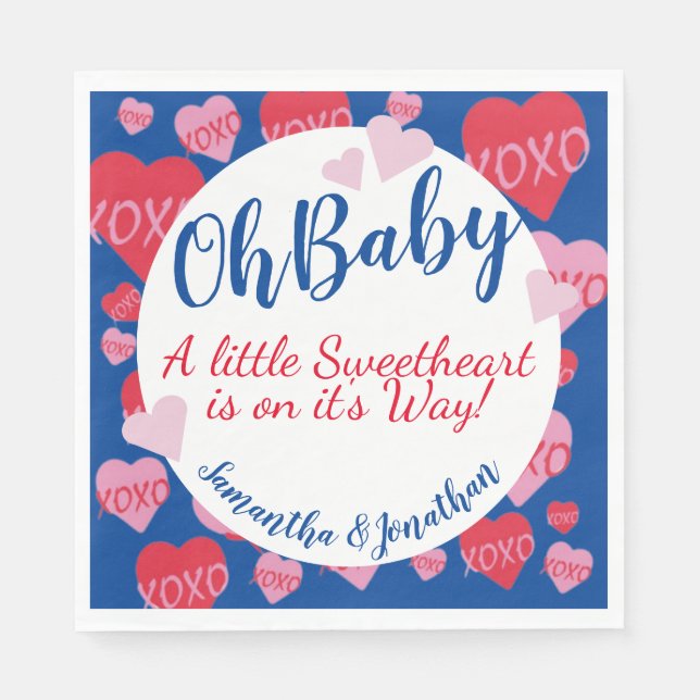 Oh Baby Pink Red Sweethearts Baby Shower Blue Napkins (Front)