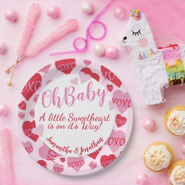 Oh Baby Pink Red Sweethearts Baby Shower Pink Paper Plates (Party)
