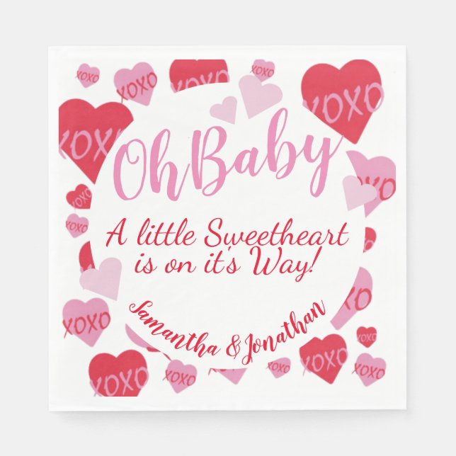 Oh Baby Pink Red Sweethearts Baby Shower White Napkins (Front)