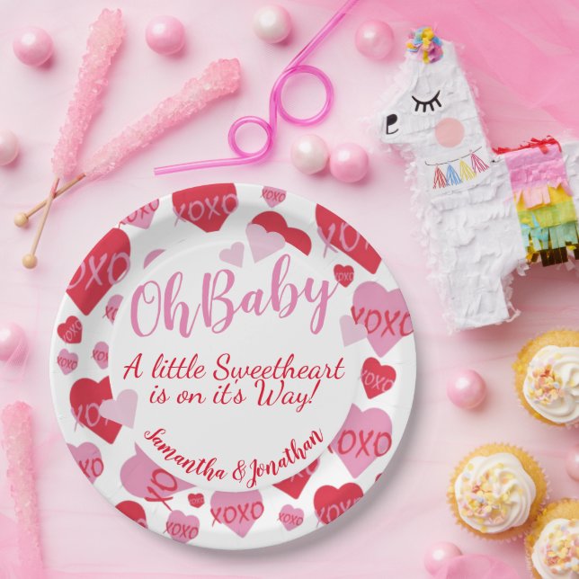 Oh Baby Pink Red Sweethearts Baby Shower White Paper Plates (Party)
