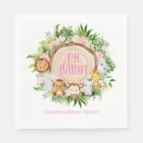 Oh Baby Pink Safari Jungle Watercolor Baby Shower  Napkins