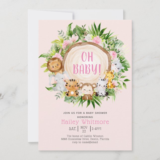 Oh Baby Pink Safari Jungle Wild Animal Baby Shower Invitation (Front)