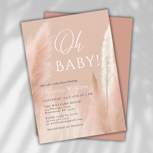 Oh Baby Pink Script Pampas Baby Shower Invitation