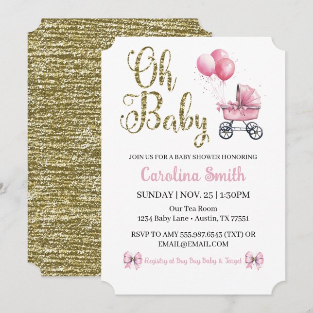 Oh Baby Pink Stroller Gold Glitter Baby Shower  Invitation (Front/Back)