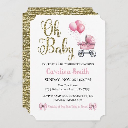 Oh Baby Pink Stroller Gold Glitter Baby Shower  Invitation