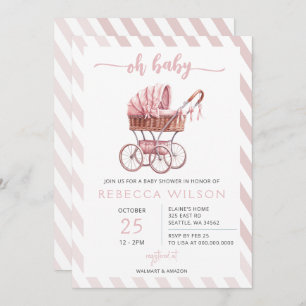 Oh Baby Pink Stroller Pram Girl Baby Shower Invitation