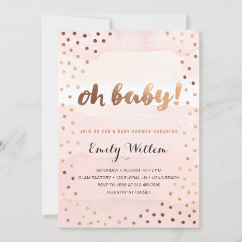 OH BABY Pink Watercolor  Gold Foil Baby Shower Invitation