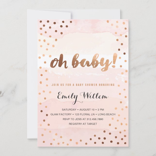 OH BABY! Pink Watercolor & Gold Foil Baby Shower Invitation (Front)