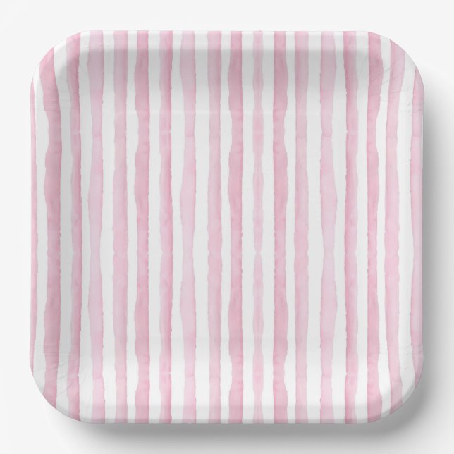 Oh Baby Pink Watercolor Stripes Baby Shower Paper Plates (Front)