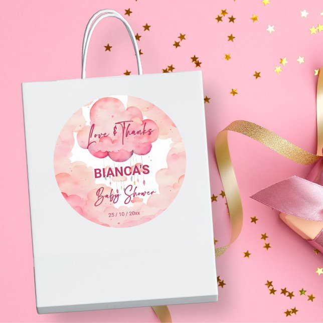 Oh baby pink whimsical cloud baby shower favor classic round sticker (Oh baby pink whimsical cloud baby shower thank you favor stickers baby shower favors)