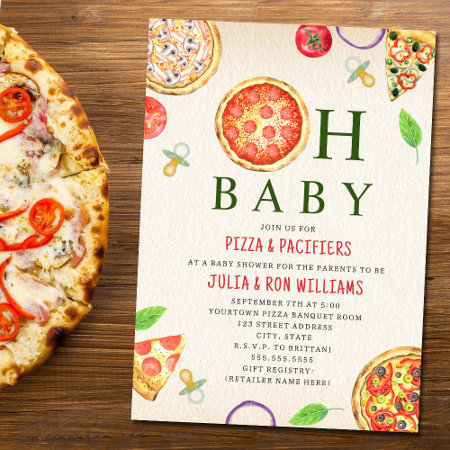 Oh Baby Pizza   Pacifiers Baby Shower Invitation