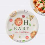 Oh Baby Pizza   Pacifiers Baby Shower Paper Plates<br><div class="desc">Pizza & Pacifiers baby shower pizza party theme with Illustration of a pepperoni pizza incorporated in to the design "oh baby" with pizza,  tomato,  basil,  onion,  and pacifier illustrations all around.</div>