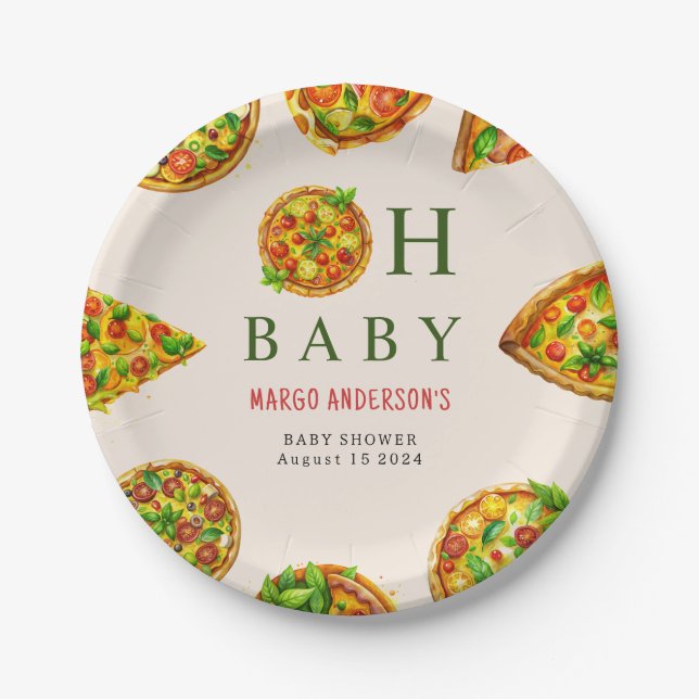 Oh Baby Pizza Tomatoes Olivia Green Baby Shower Paper Plates (Front)