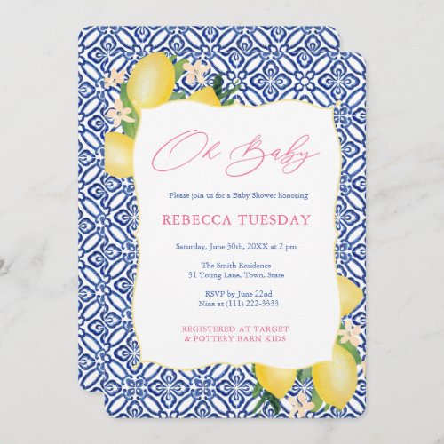 Oh Baby Positano Lemons Pink Girl Baby Shower Invitation - A Baby Girl is on the way! Celebrate with this pretty and fashionable invitations featuring vibrant watercolor lemons and glossy green leaves with pretty blossoms, complemented by cobalt blue and white tile surround and reverse side.

(For wording other than "Oh Baby", please email me).