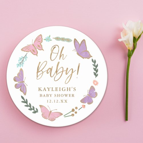 Oh Baby Pretty Butterflies Baby Shower Round Paper Coaster