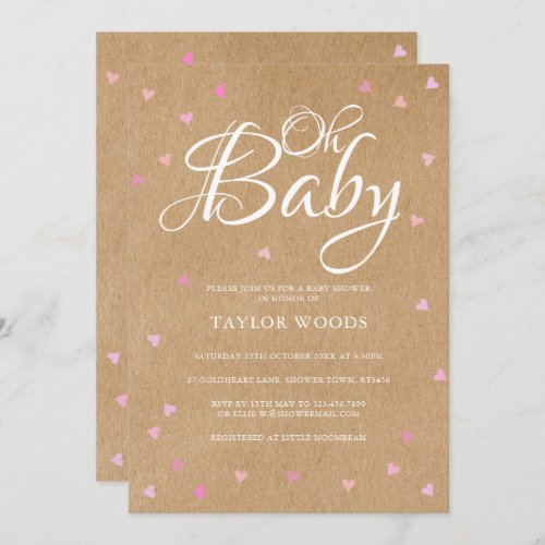 Oh Baby Pretty Pink Hearts Baby Shower Rustic Boho Invitation