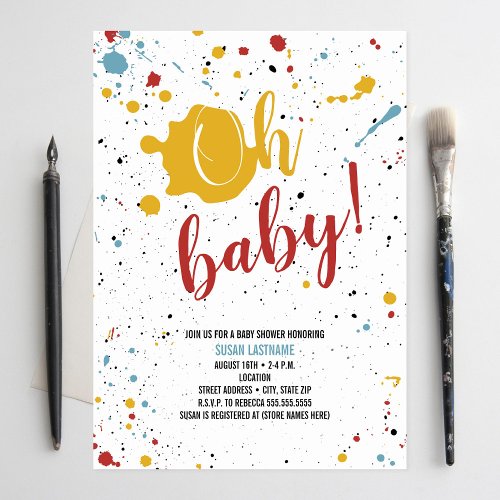 Oh Baby Primary Paint Splatter Neutral Baby Shower Invitation