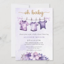 Oh Baby Purple Baby Clothesline Girl Baby Shower  Invitation