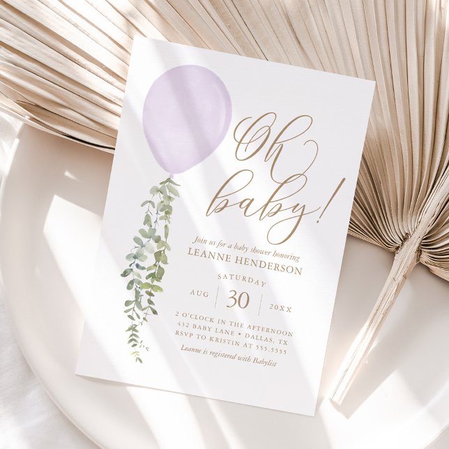 Oh Baby Purple Balloon Eucalyptus Baby Shower Invitation (Creator Uploaded)