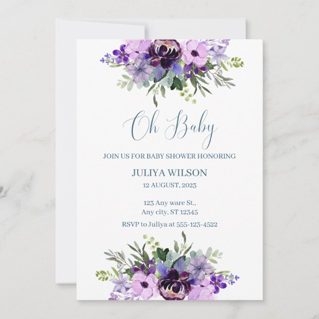 Oh Baby Purple floral baby shower  Invitation (Front)