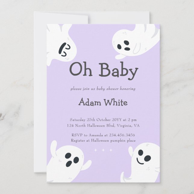 Oh Baby Purple Spooky Ghost Halloween Baby Shower Invitation (Front)