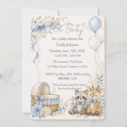 Oh Baby Raccoon and Deer Blue Baby Shower Invitation