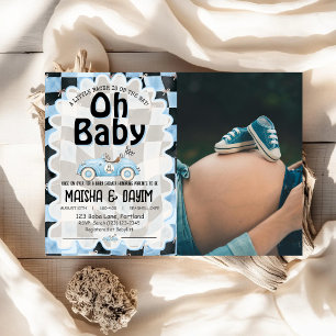 Oh Baby Race Car Checkered Blue Baby Shower Invitation