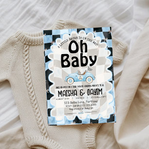 Oh Baby Race Car Checkered Blue Baby Shower Invitation