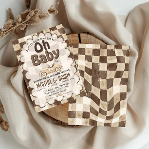 Oh Baby Race Car Checkered Mocha Baby Shower Invitation