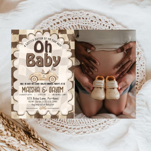 Oh Baby Race Car Checkered Mocha Baby Shower Invitation