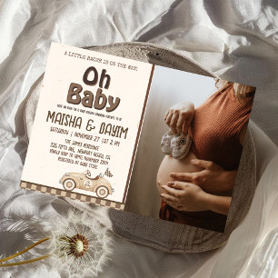 Oh Baby Race Car Checkered Mocha Baby Shower Photo Invitation