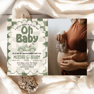Oh Baby Race Car Checkered Sage Green Baby Shower Invitation