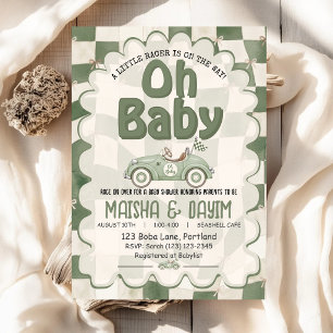 Oh Baby Race Car Checkered Sage Green Baby Shower Invitation