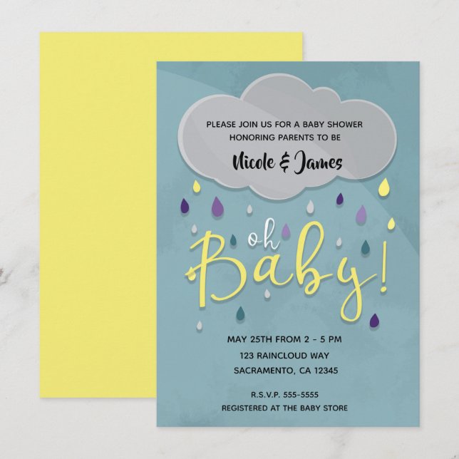 Oh Baby Rain Shower Cloud Weather Unisex Sprinkle  Invitation (Front/Back)
