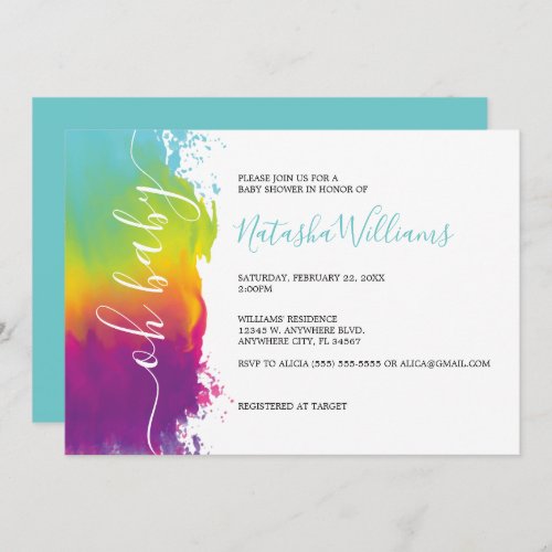 Oh Baby Rainbow Watercolor Baby Shower Blue Invitation