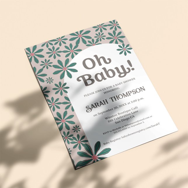 Oh baby Retro Boho Daisy Flower arch baby Shower Invitation (Retro Oh Baby boho baby shower invitation. )