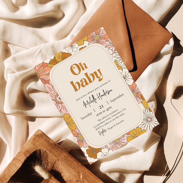 Oh baby Retro Boho Floral baby shower Pregnancy  Invitation (Creator Uploaded)