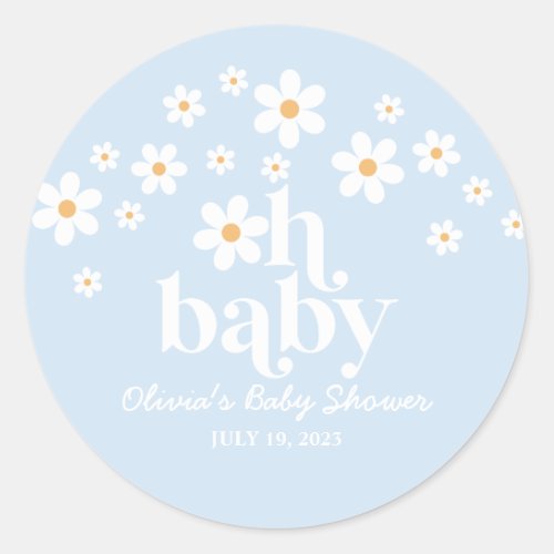 Oh Baby Retro Daisy blue boho Baby Shower Classic Round Sticker