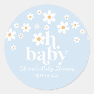 Oh Baby! Retro Daisy blue boho Baby Shower Classic Round Sticker