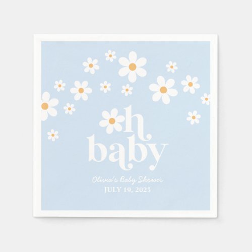 Oh Baby Retro Daisy blue boho Baby Shower Napkins