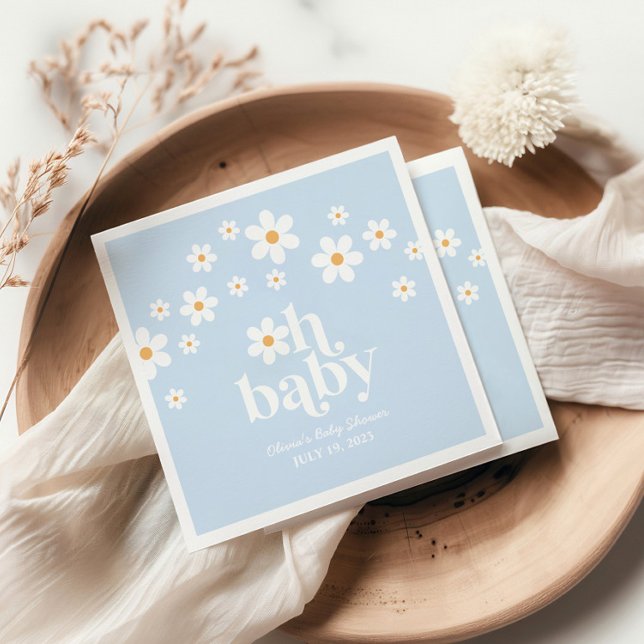 Oh Baby! Retro Daisy blue boho Baby Shower Napkins (Creator Uploaded)