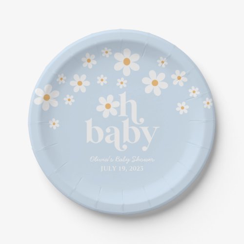 Oh Baby Retro Daisy blue boho Baby Shower Paper Plates
